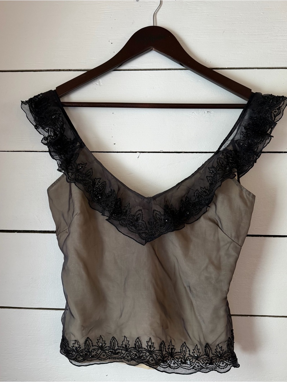 Adriana Appel Black Beaded Lace Trim Sheer Cami Top Size Small